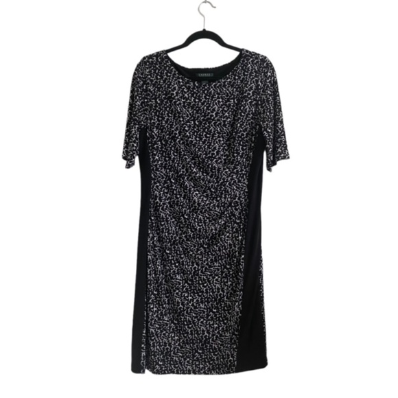 Ralph Lauren Dress Short Sleeves Black & White Abstract Ruched Lined Size 1X - Picture 1 of 8